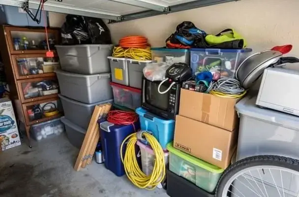 boxes and bins staged in a garage cleanout